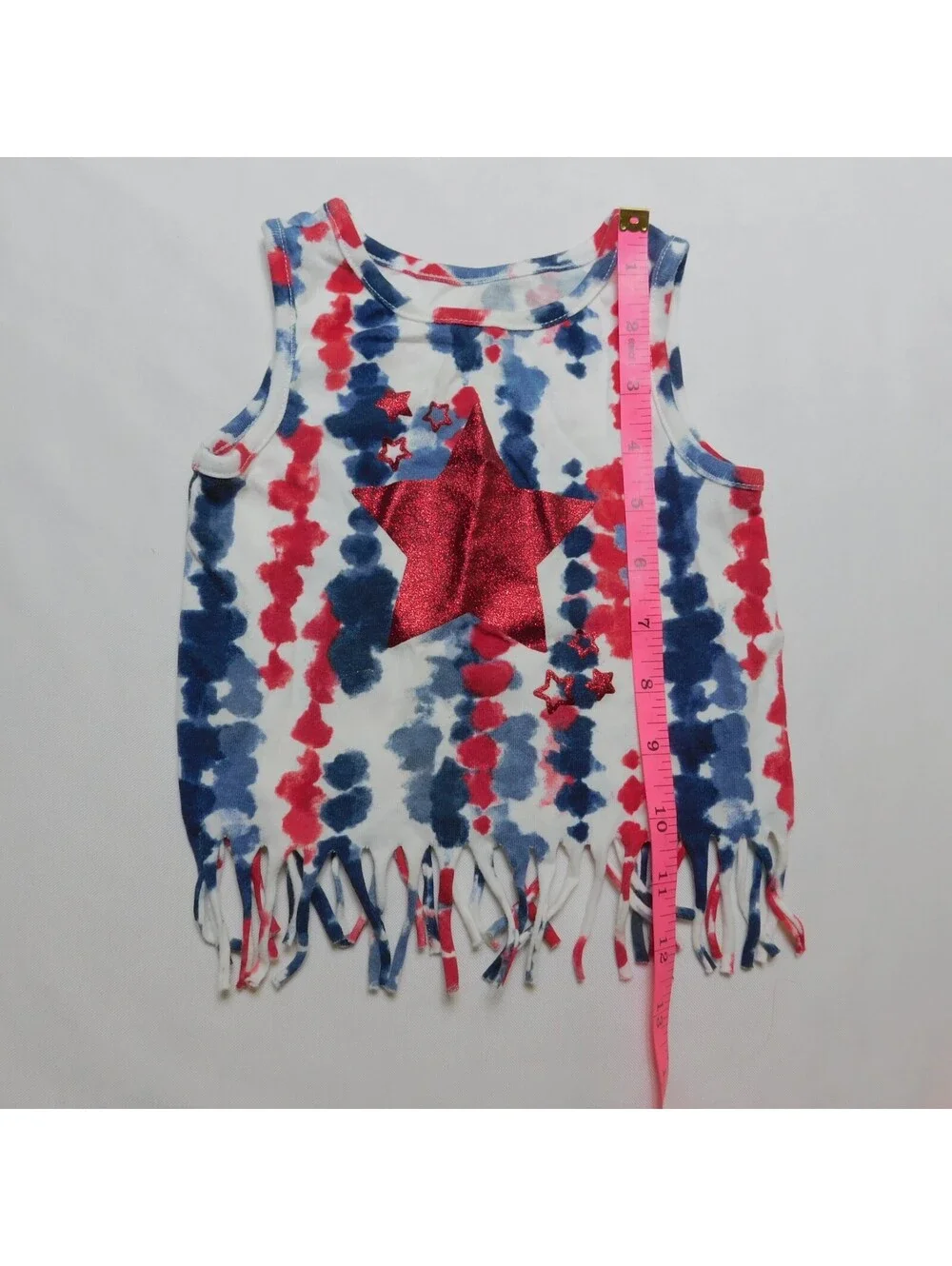 Way To Celebrate Patriotic Girls Tank Top Size 18M Red White Blue Tie Dye Fringe